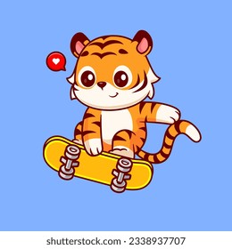 Cute Tiger Playing Skateboard Cartoon Vector Icon Illustration. Animal Sport Icon Concept Isolated Premium Vector. Flat Cartoon Style