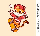 Cute Tiger Playing Skateboard With Metal Hand Cartoon Vector Icon Illustration. Animal Sport Icon Concept Isolated Premium Vector. Flat Cartoon Style