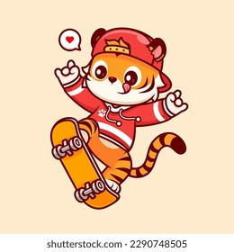 Cute Tiger Playing Skateboard With Metal Hand Cartoon Vector Icon Illustration. Animal Sport Icon Concept Isolated Premium Vector. Flat Cartoon Style