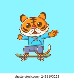 a Cute tiger Playing Skateboard slide animal kawaii chibi character mascot illustration outline style 