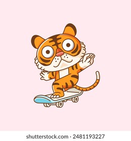 Un tigre lindo jugando skateboard slide animal kawaii chibi personaje mascota ilustración contorno estilo