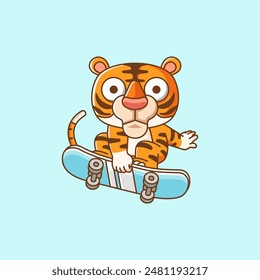 a Cute tiger Playing Skateboard trick animal kawaii chibi character mascot illustration