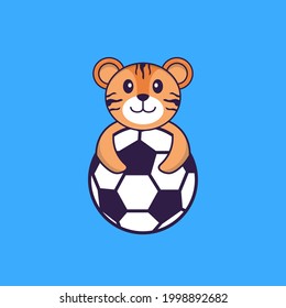 Cute tiger playing soccer. Animal cartoon concept isolated. Can used for t-shirt, greeting card, invitation card or mascot.