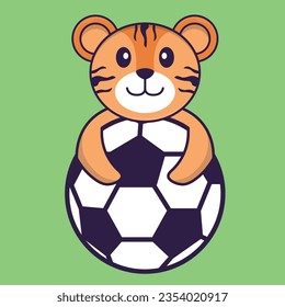 Cute tiger playing soccer. Animal cartoon concept isolated. Can used for t-shirt, greeting card, invitation card or masco