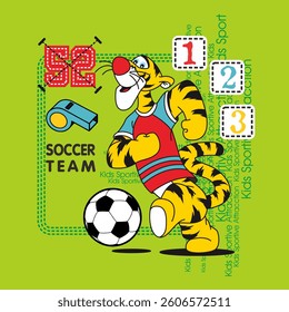 cute tiger playing soccer ball. Vector cartoon illustration