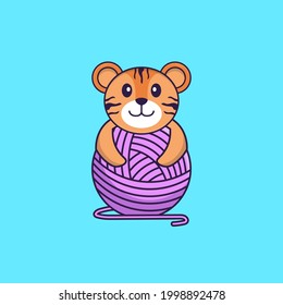 Cute tiger playing with wool yarn. Animal cartoon concept isolated. Can used for t-shirt, greeting card, invitation card or mascot.