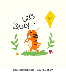 Cute Tiger playing yellow kite
