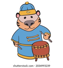 Cute tiger plays the drum. Cartoon animal illustration tiger temple