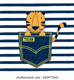 cute tiger in the pocket on striped background, african wild animal cartoon, T-shirt graphics for kids vector illustration