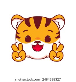 Cute Tiger Poses Peace Hand Sign Gesture Cartoon Character. Adorable and Kawaii Animal Icon Mascot Concept Design. Logo Vector Illustration. Isolated White Background.