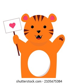 Cute tiger with poster with heart. Cartoon character. Idea for St. Valentines Day