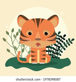 Cute tiger poster and merchandising with leaves background