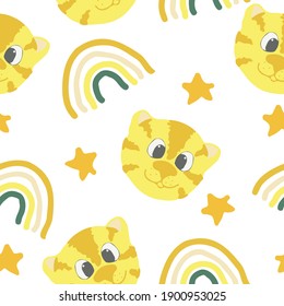 cute tiger, rainbow, stars vector seamless pattern. hand drawn. illustration for childrens wallpaper, wrapping paper, textiles. trending colors 2021 gold, yellow, green, gray. animal symbol of 2022
