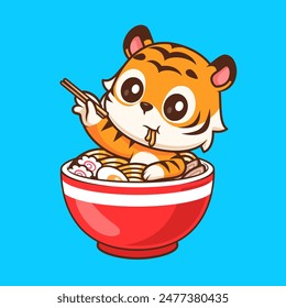 Cute Tiger In Ramen Noodle With Chopstick Cartoon Vector Icon Illustration. Animal Food Icon Concept Isolated Premium Vector. Flat Cartoon Style