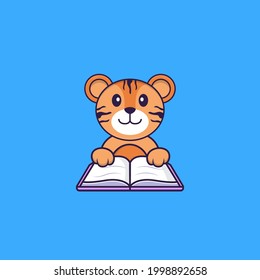 Cute tiger reading a book. Animal cartoon concept isolated. Can used for t-shirt, greeting card, invitation card or mascot.