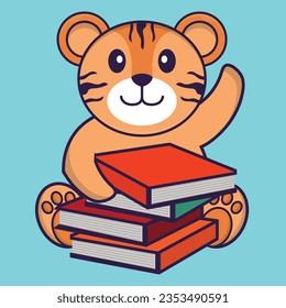 Cute tiger reading a book. Animal cartoon concept isolated. Can used for t-shirt, greeting card, invitation card or mascot
