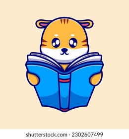 Cute tiger reading book icon illustration. the flat design concept for education