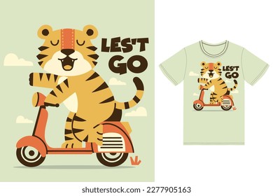 Cute tiger reading scooter illustration with tshirt design premium vector the Concept of Isolated Technology. Flat Cartoon Style Suitable for Landing Web Pages,T shirt, Flyers, Stickers