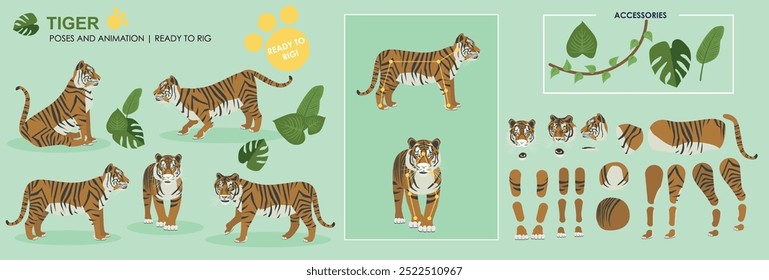 Tigre lindo listo para la animación múltiples poses conjunto colección con accesorios, rig ready personaje, zoológico, animales de safari 