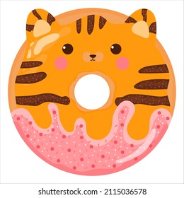 Cute tiger or red cat with face donut with pink glaze, tasty sweets for kids in cartoon childish style