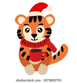 Cute tiger with red cup of tea. New year illustration for kids