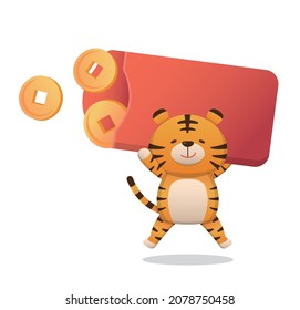 Cute tiger mit rotem Umschlag voller Geld, chinesische Neujahrselemente, Textübersetzung: Frühling