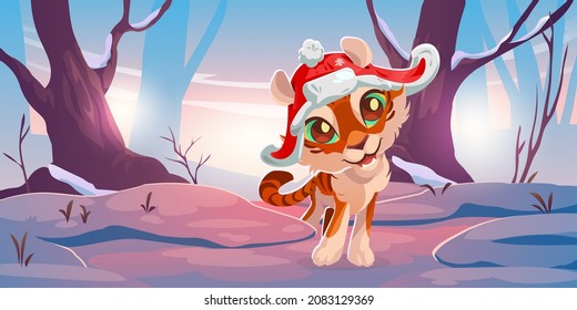 Cute tiger in red hat in winter forest at sunset. Christmas or New Year greeting card. Vector cartoon illustration of woods landscape with snow, tree trunks and funny smiling kitten