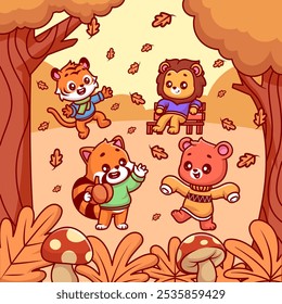 Cute Tiger, Red Panda, Lion, Bear Playing Together In Jungle Autumn Season Cartoon Vector Icon Illustration. Animal Nature Icon Concept Isolated Premium Vector. Flat Cartoon Style