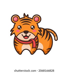 Cute tiger with red scarf. Funny cartoon animal simple flat design.
