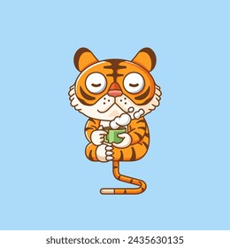 Cute tiger relax with a cup of coffee cartoon animal character mascot icon flat style illustration concept set