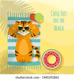 Cute tiger relaxes on the beach under palm trees. Funny character in sunglasses. Greeting card with text - Chill Out on the Beach. Vector illustration. Card or banner, poster, for design, printing