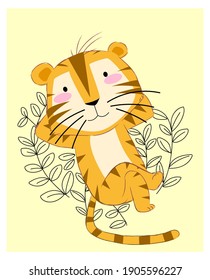 Cute tiger relaxing icon vector illustration. Zoo ,Branch,ornament,card.