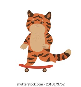 Cute tiger rides a skateboard isolated on a white background. Vector graphics.