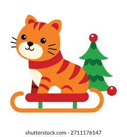 Um tigre bonito monta um trenó de brinquedo minúsculo carregando pequenos presentes, espalhando a emoção de Natal em uma cena divertida de inverno.