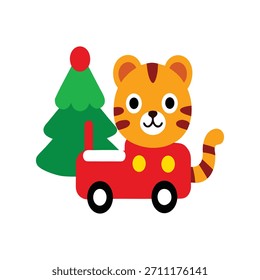 Un lindo tigre monta un tren de juguete con un árbol de Navidad, creando un ambiente festivo divertido y alegre en el interior.
