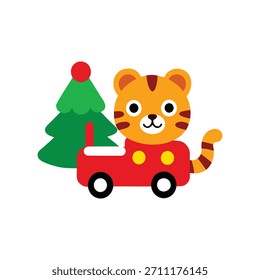Um tigre bonito anda em um trem de brinquedo com uma árvore de Natal, adicionando charme e alegria festiva às celebrações de feriado.