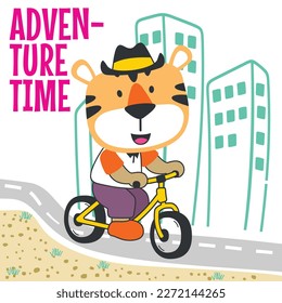 Cute tiger riding a bicycle. Trendy children graphic. Vector illustration. T-Shirt Design for children. Design elements for kids.