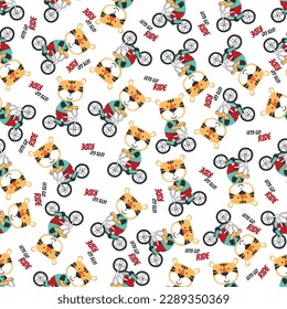 Cute tiger riding a bicycle. Trendy children graphic. Vector illustration. T-Shirt Design for children. Design elements for kids.