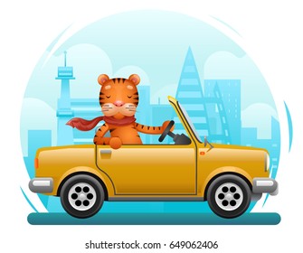 Cute tiger riding on car flat design cartoon character city background vector illustration