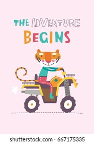 Cute tiger is riding a quad bike. Vector illustration on a pink background. 