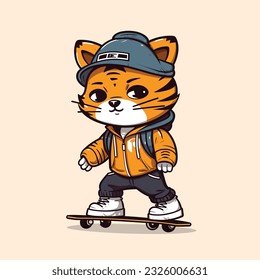 cute tiger riding skateboard summer sport vector illustration