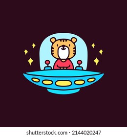 Cute tiger riding spaceship, illustration for t-shirt, sticker, or apparel merchandise. With doodle, retro, and cartoon style.