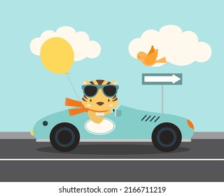 Cute tiger riding in a sportscar with a balloon
