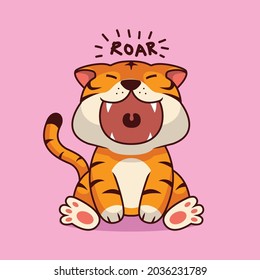 Cute tiger roar cartoon illustration The Concept of Isolated Technology. Flat Cartoon Style Suitable for Landing Web Pages, Banners, Flyers, Stickers, Cards