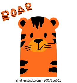 Cute tiger with ROAR lettering. Vector illustration in flat cartoon scandinavian style, isolated on a white background. Childish design for poster, clothing, nursery wall art, card.