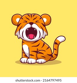 Cute Tiger Roaring Cartoon Vector Icon Illustration. Animal Nature Icon Concept Isolated Premium Vector. Flat Cartoon Style