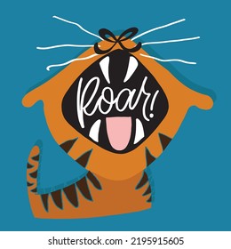 Tigre lindo - rugido.Cartel inspirador de citas con letras. Caligrafía moderna. Letras pintadas de pincel, vector