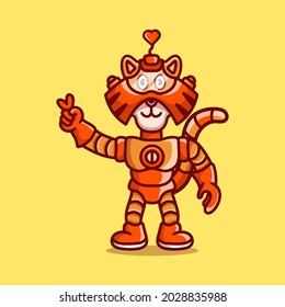 cute tiger robot with love peace hand sign