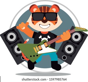 Cute tiger rockstar smiling holding green electric guitar. Cartoon style. Vector illustration. Flat design style.