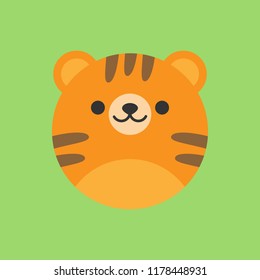 Cute tiger round vector graphic icon. Tiger animal head, face illustration. Isolated on green background.